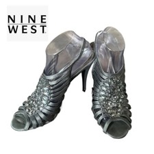 Nine West Women's Areli Silver Dress Jeweled Heeled Sandals Size 10