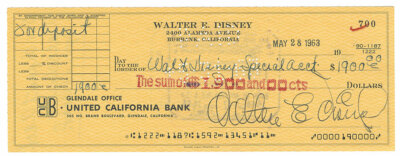 Walt Disney signierter Scheck/Scheck - Filmstar Regisseur - Vordruck