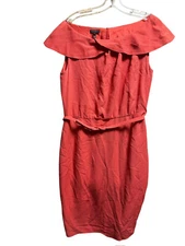 Escada Silk Coral Belted Tulip Collared Knee Length Sheath Dress Size 40/US 10