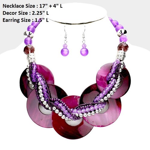 Chunky Disc Circle Hoop Shell Necklace Bib Twist Bead Circle Mother of Pearl set - Picture 6 of 15