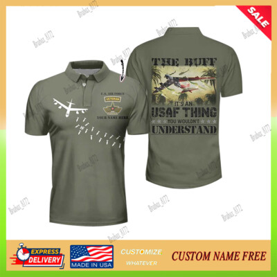 Custom Name - Us Airce Force Bomb Dropping Plane B 52 BUFF USAF Polo Shirt S-5XL