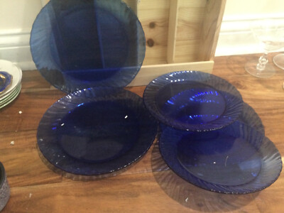 ARCOROC FRANCE COBALT BLUE SWIRL  GLASS 3 Salad 7.5'' 2 luncheon 8.5''  USED REA