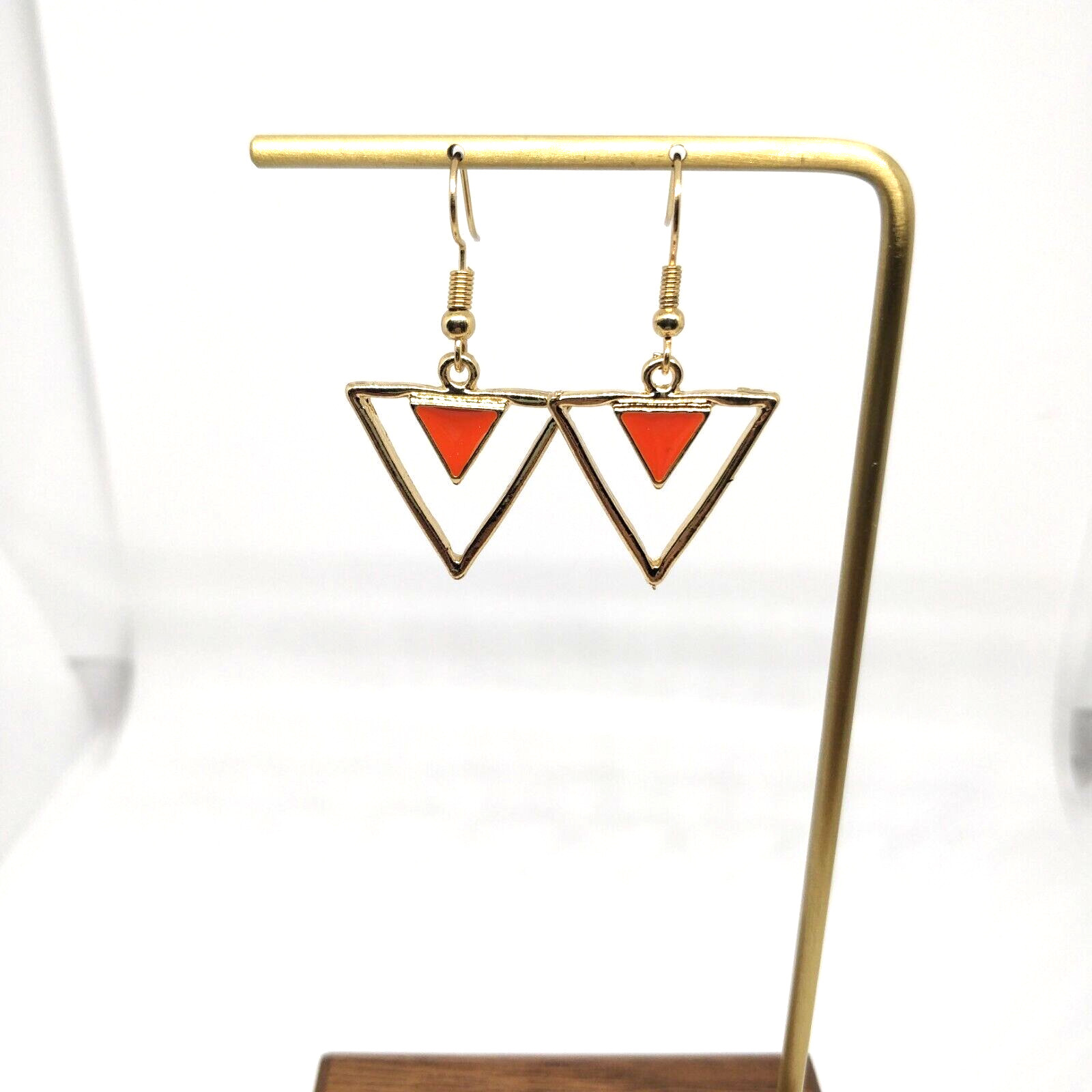 Triangle Drop Earring Geometric Orange Enamel Gol… - image 1