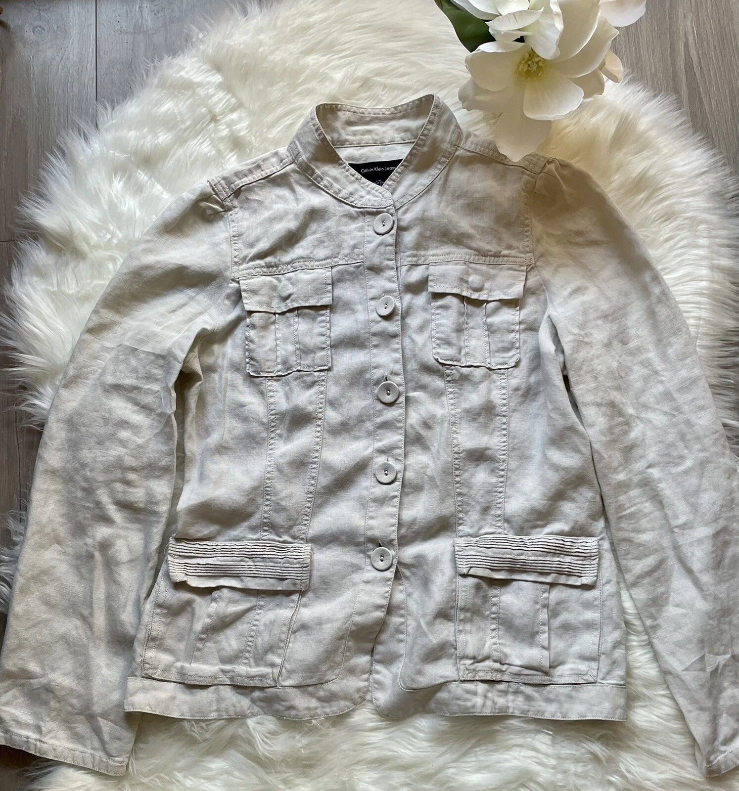 Calvin Klein Linen Jacket Women’s Large Khaki Button Front Lightweight Utility