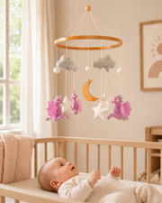 Felt Dragon Baby Mobile   Neutral Nursery Crib Decor with Clouds, Moon, Stars
