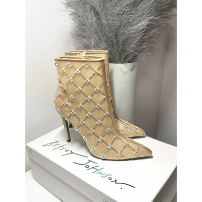 Betsy s Johnson Larkk Bejeweled Nude Sheer Mesh Stiletto Bootie