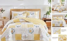3 Pieces Floral Patchwork Quilt Set Queen n White Flowers Queen-90"x90" Yellow