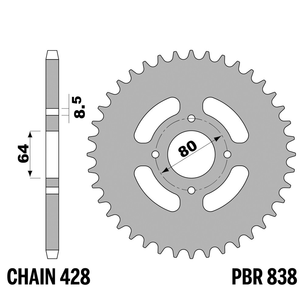 Pignon arrière PBR 36 dents pas 428 en fer pour moto Yamaha Crypton T 110 de 2010 à 2014