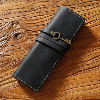 Vintage Pen Roll Up Pencil Case Cowhide Leather Pen Curtain Bag Storage Holder
