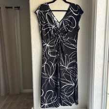 Women 10 Midi Dress Y2K Twist Flattering Cap Sleeve Black White Abstract Floral