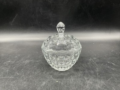 Vtg Keran Clear Glass Block  Pattern Covered Candy Dish 5 3/4  T, 4 1/2  W 