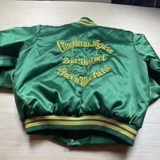 Vtg Satin Bomber Jacket Rennoc American Legion XL Green Machine Chain Stitch
