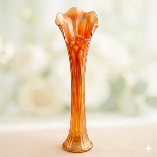 Antique Fenton Marigold Carnival Vase Spearhead & Diamonds 16" Ruffle Glass #916
