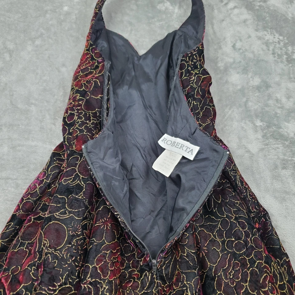 90-е винтажное черное бархатное мини-платье Roberta женское размер 5/6 цветочный тюль с бретелью через шею - Изображение 4 из 4