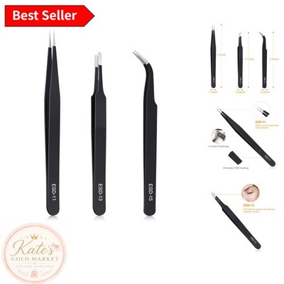 3PCS Precision Tweezers Set - ESD Safe Stainless Steel for Electronics & Crafts