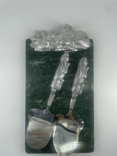 Vintage Arthur Court Marble Bunny Cheese Board With Two Bunny Cheese Slicers