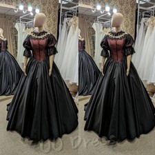 Gothic Victorian Burgundy Black Lace Satin Ball Gown Halloween Formal Dress