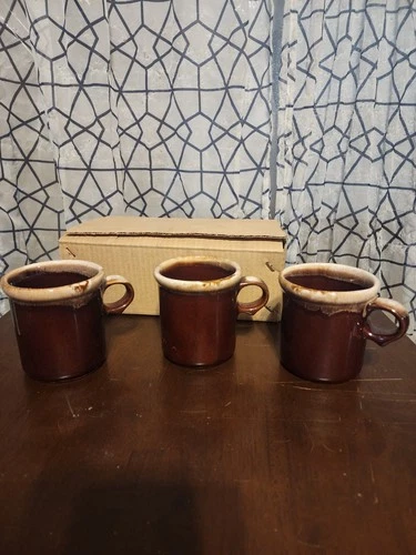 Vintage Set Of 3 McCoy Coffee Mugs 1412 Brown Drip Glaze Stoneware Cups USA