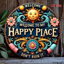 Round Welcome To My Happy Place Metal Sign Boho Garden Wall Hanging Art Decor