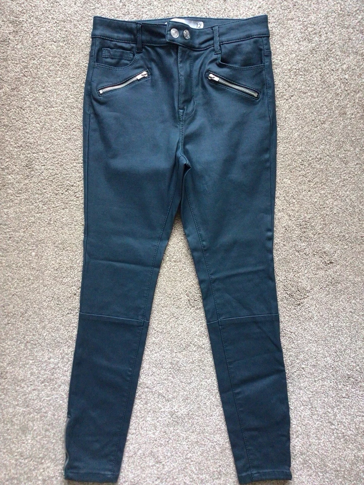 NEXT PETITE BOTTLE GREEN SKINNY HIGH RISE FAUX LEATHER TROUSERS ZIP CUFFSIZE 12  - Image 2 of 4