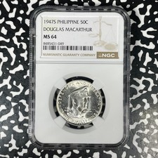 1947-S Philippines MacArthur 50 Centavos NGC MS64 Lot#G1441 Silver! Choice UNC!
