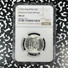 1947-S Philippines MacArthur 50 Centavos NGC MS64 Lot#G1441 Silver! Choice UNC!