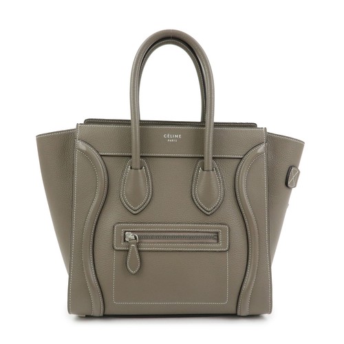 CELINE Luggage Micro Shopper Calf Leather Hand Bag Gray Authentic Used F/S