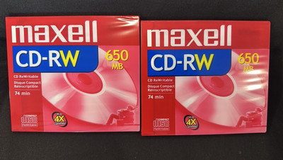 (2)- New Factory Sealed Maxell 650 MB CD-RW Compact Disque (Disk)