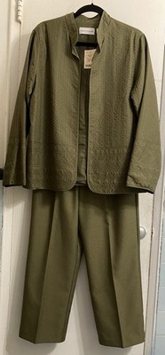 Alfred Dunner Womens Olive Green Textured Open Front Jacket & Pants Set Size 12
