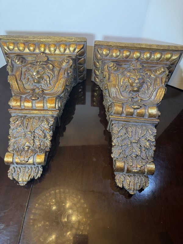 Pair Of Gold Gilt Lion Motif Large/Heavy Sconce Wall Shelves