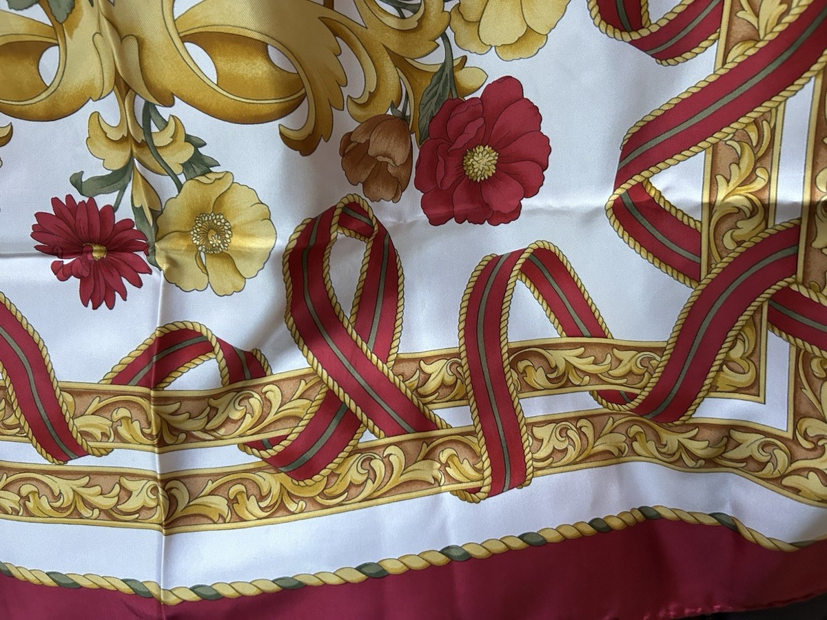 Square Silk Scarf 34” By Salvatore Ferragamo Italy Floral Ribbons