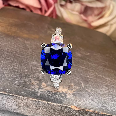 2.50 Ct Cushion Cut Natural Sapphire  Diamond Ring 14K White Gold Ring Size 8
