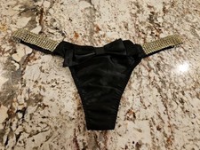 True Vintage Victoria Secret Satin  Mesh Rhinestone Thong Panties With Bow LG