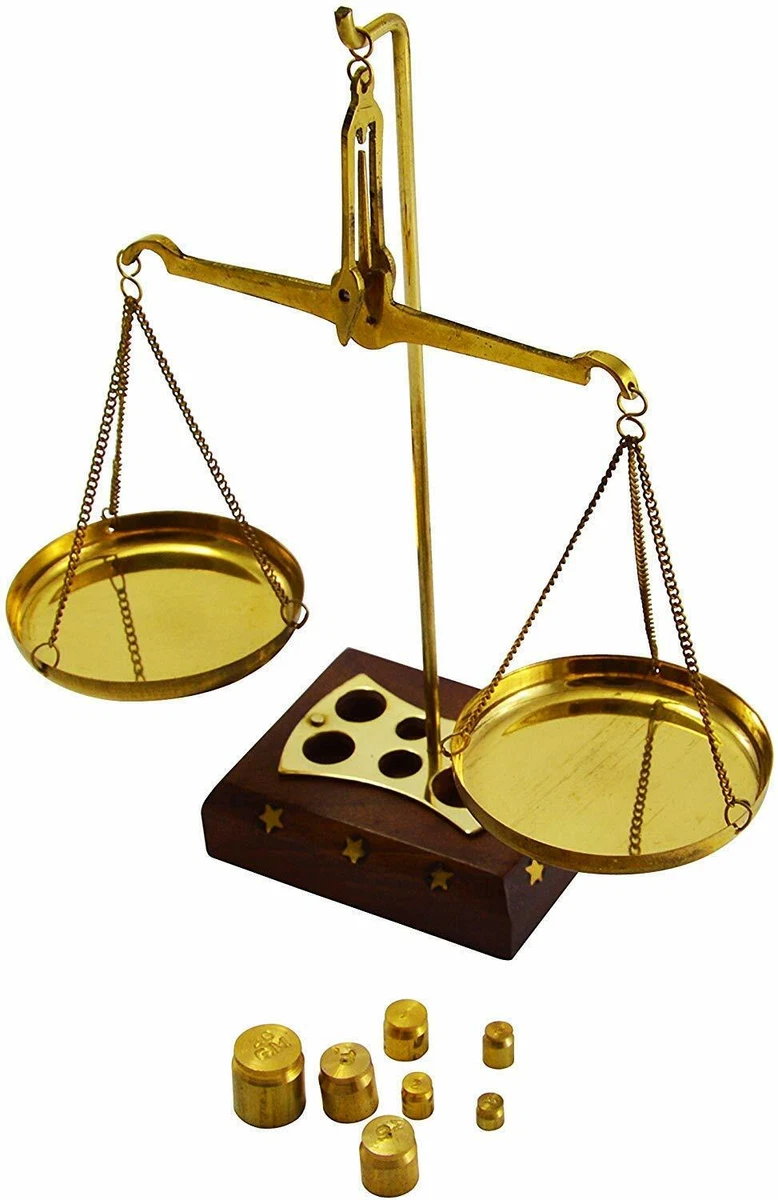 Small Brass Weight Scale With Wooden Base Table Weighing Scale Handicraft.