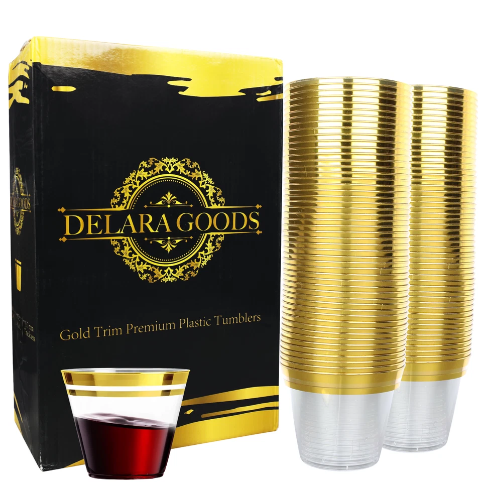 100 Double-Rimmed Gold Plastic Cups 9 Oz Clear Plastic Cups - Image 2 of 4