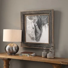 FARMHOUSE STYLE 32" HORSE PRINT AGED WOOD & METAL FRAME ART UNDER GLASS 51110