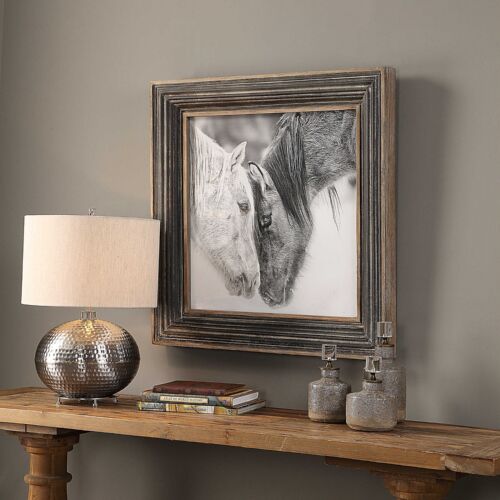 DECORACIÓN DE GRANJA 32" IMPRESIÓN DE CABALLO MARCO DE MADERA ENVEJECIDA Y METAL ARTE DE PARED BAJO VIDRIO - Imagen 2 de 6