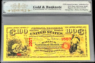 1875 $100 BILL US GOLD BANKNOTE IN PROTECTIVE SLEEVE W COA - 99.9