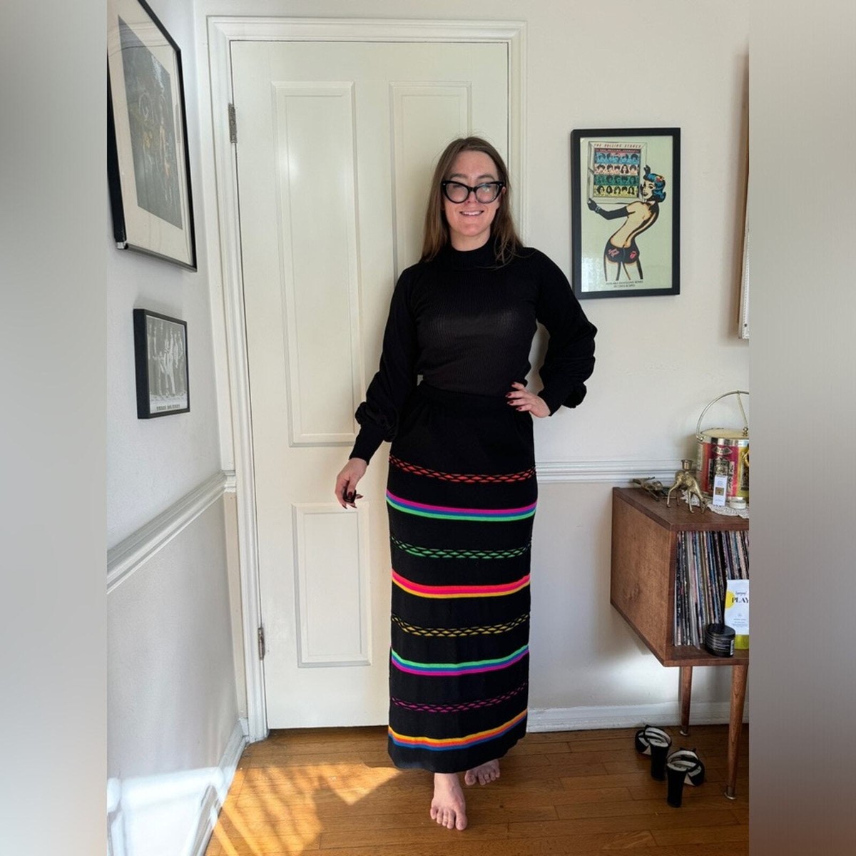 70s Vintage Banff Knit Black and Neon Striped Maxi Skirt