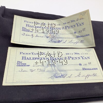 Vintage Baldwins Bank Of Penn Yan 2 Checks 1949 Town Of Milo Carl Ayers & Sons