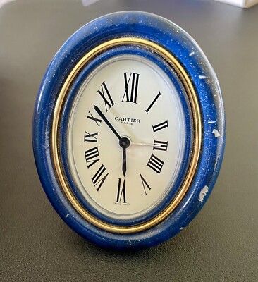 CARTIER OVAL BLUE ENAMELED TRAVEL ALARM CLOCK. FOR PARTS/REPAIR
