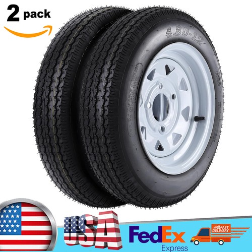 2 Pack Trailer Tires & Rims 4.8012 48012 4.80 X 12 12" 4 Lug Wheel
