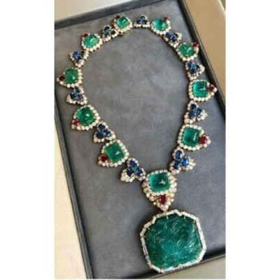 Carved Syn Colombian Emerald Necklace 925 Fine Silver Ambani Wedding Wear Jewel