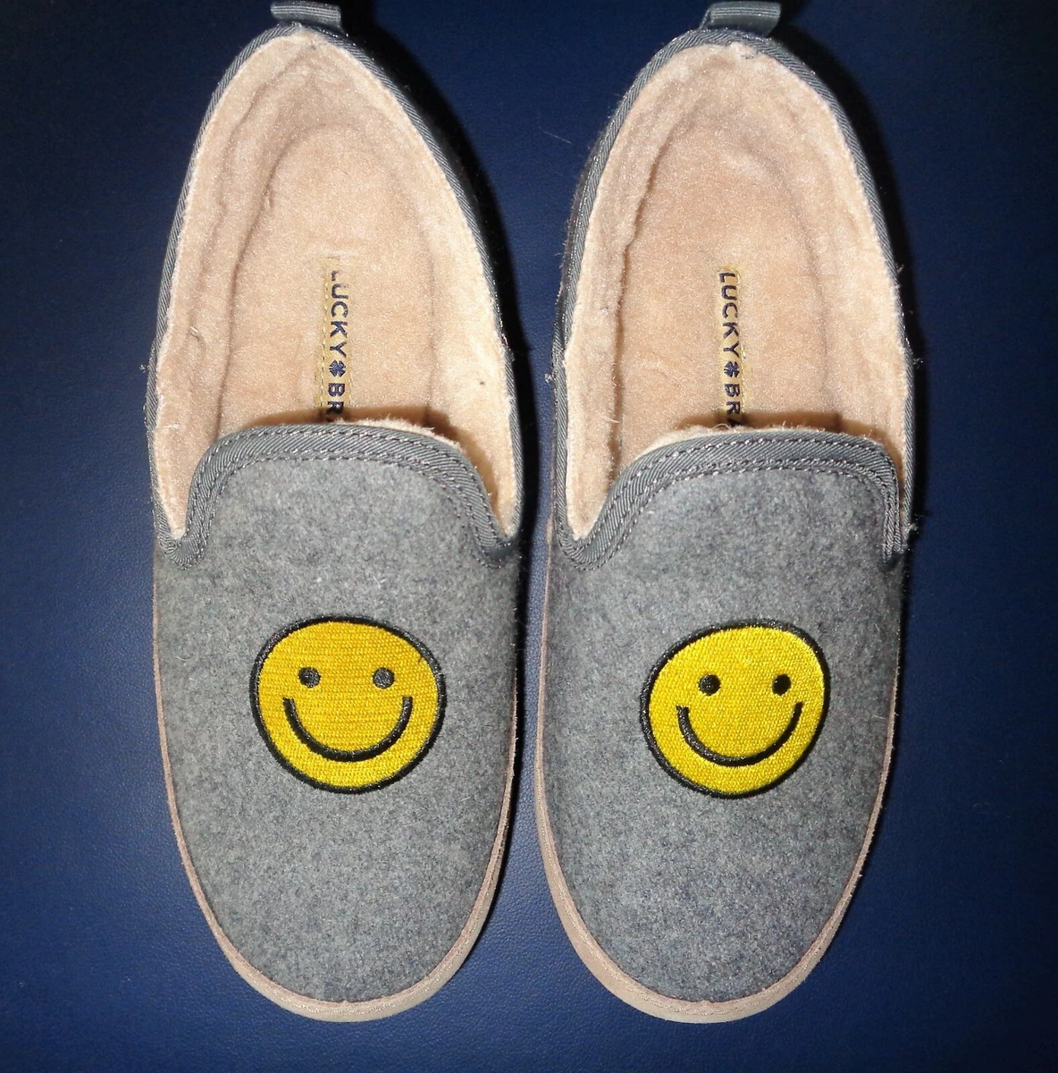NWOB Lucky Brand Kozey Slippers Grey Wool Felt Flats Smiley Face