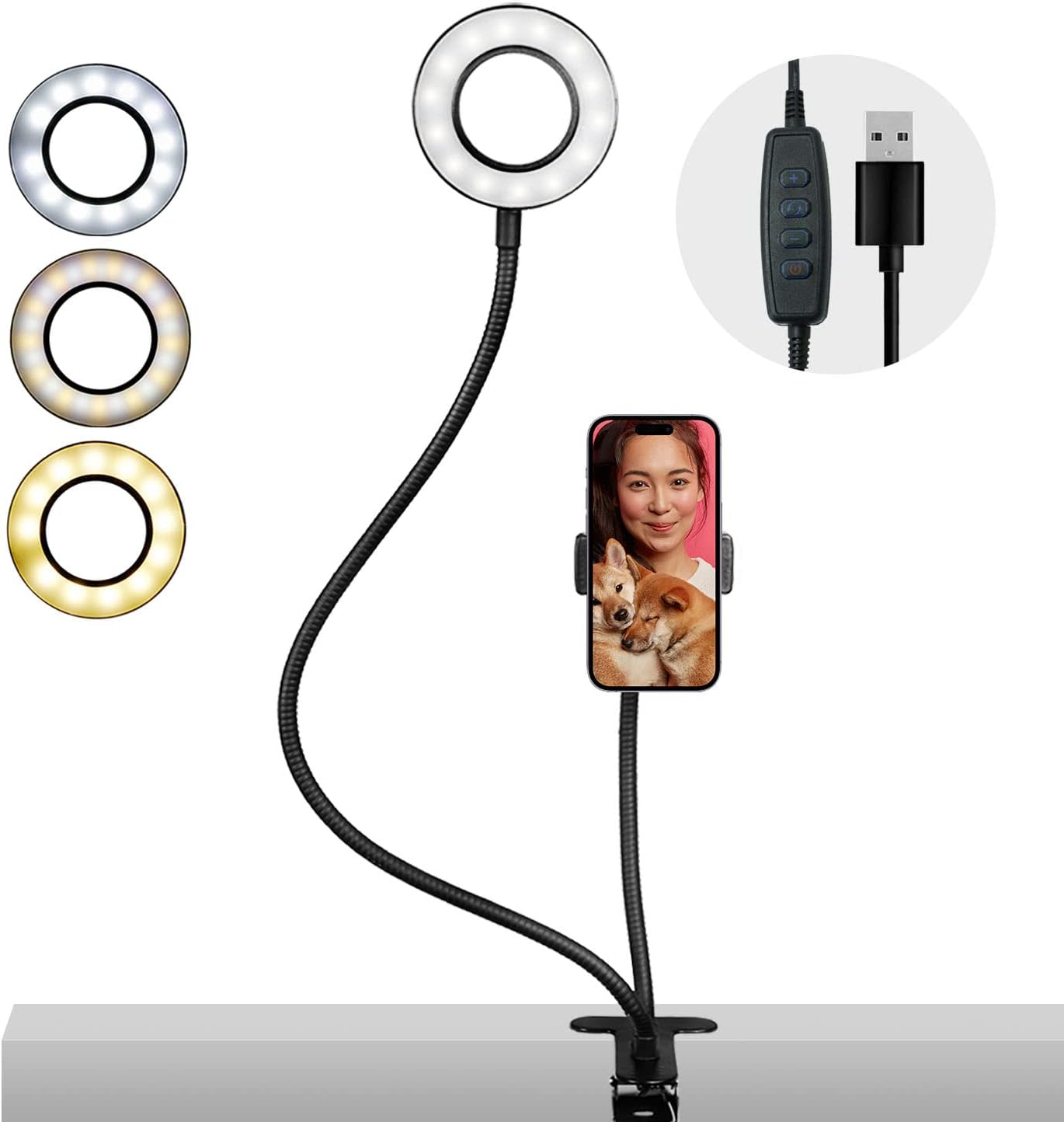 Clip on Selfie Ring Light Stand with Phone Holder, Flexible Arms for Video Photo