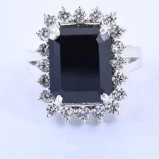 Certified Emerald Cut 15.60 Ct Black Diamond Ring-925 Silver Beautiful