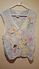 Vintage Clothing Ugly Christmas Vest - White Stag - Large L - Blue - Snowmen