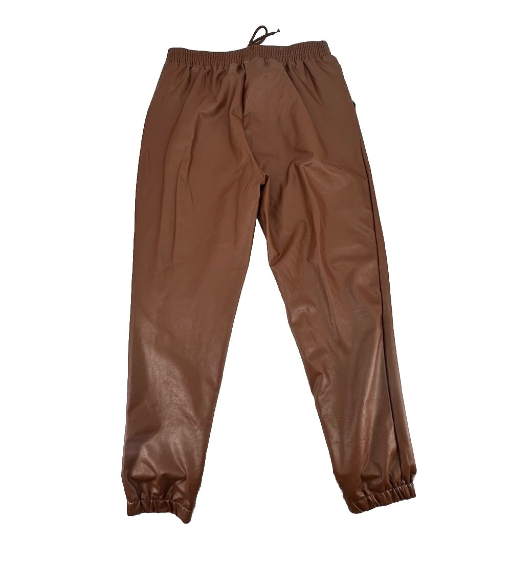 21 Saints Women Large Brown Faux Leather Joggers Pants Drawstring