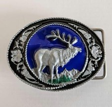 NOS 1991 Elk Hunting Siskiyou Belt Buckle Cast Metal With Blue Enamel NEW