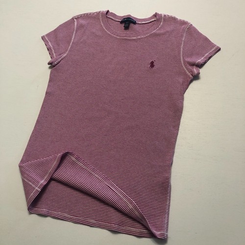 Ralph Lauren Pony Logo Striped Slim Fit Top Sz M Magenta White 100% Cotton